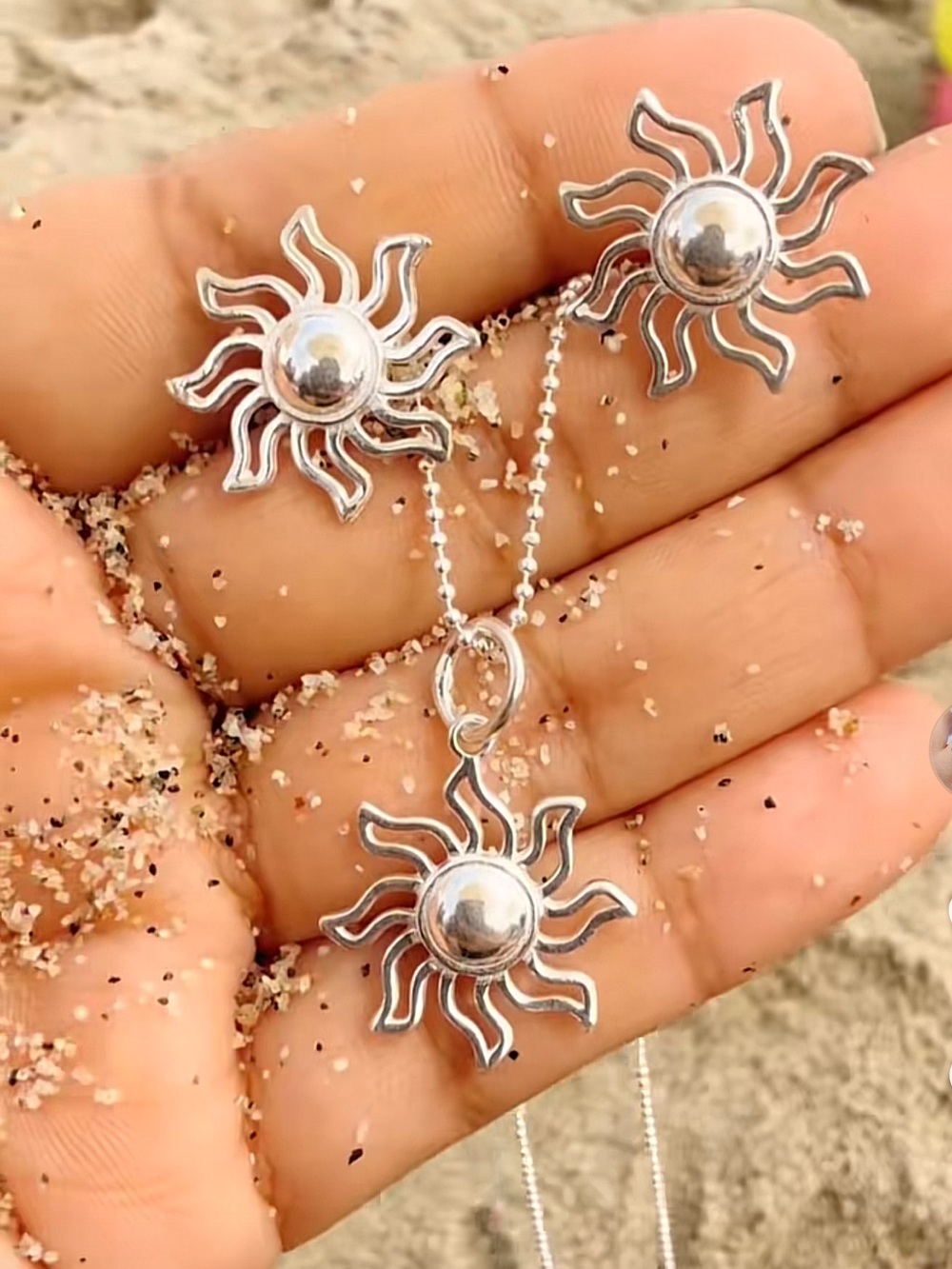 Set of earrings and sun charms in sterling silver 950 Made in Peru 20mm